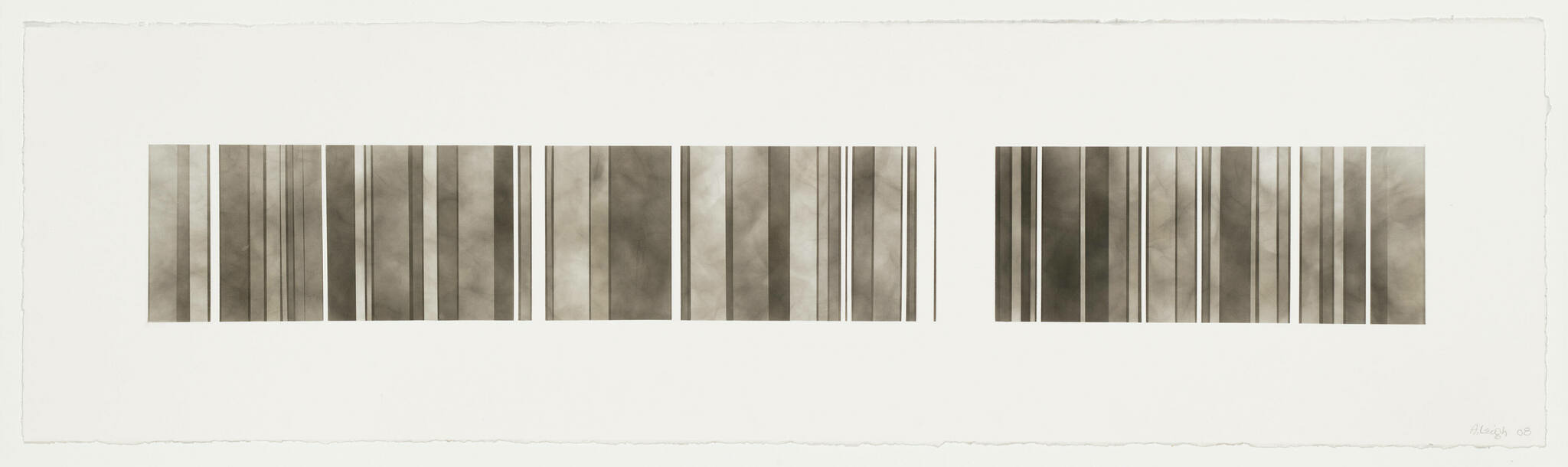 A panoramic abstract artwork featuring two separate sets of vertical stripes with varying widths and tones on a white background. The stripes appear to be in shades of gray and brown, creating a sense of depth and movement. The paper has rough edges, and there's a signature with the year '08 on the bottom right corner.