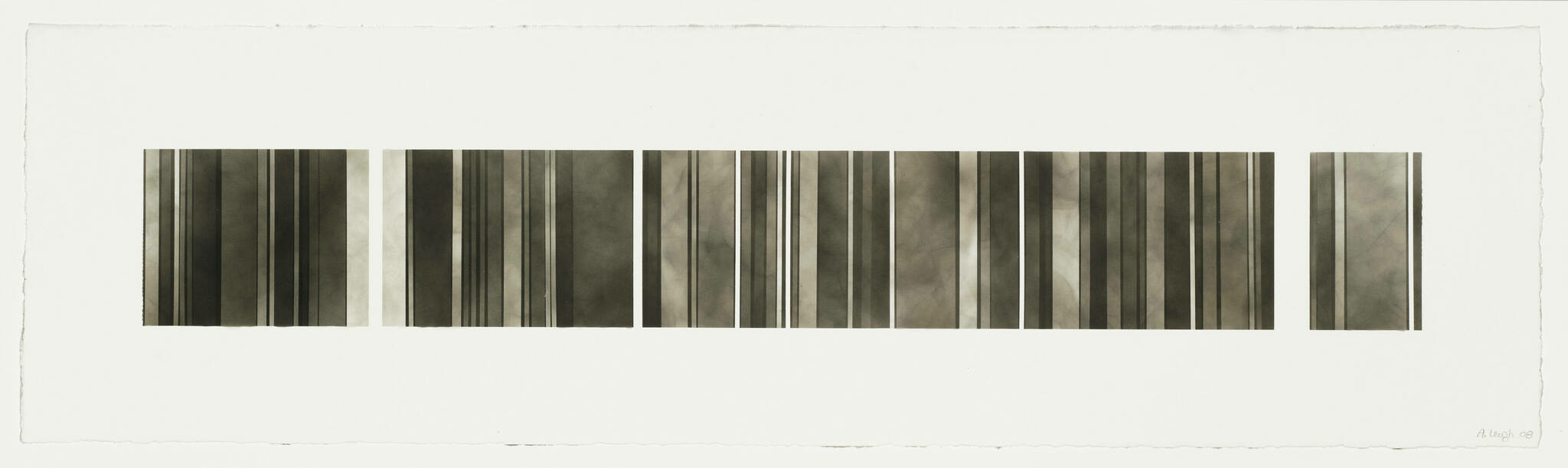 A panoramic black and white abstract artwork consisting of a series of vertical bars with varying widths and shades, creating a rhythmic pattern across the horizontal axis. The piece is displayed on a white background with rough paper edges, and there's a signature and date on the bottom right corner.