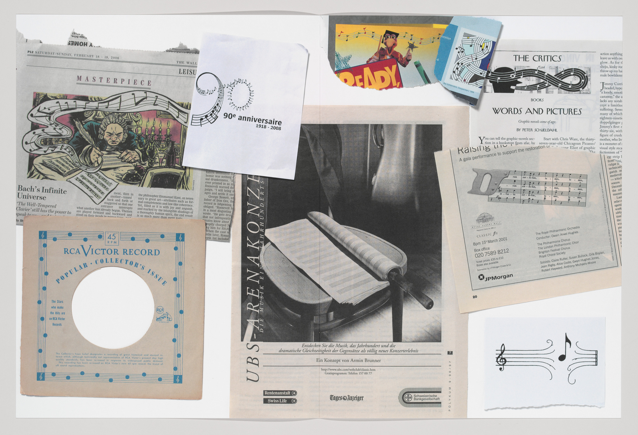 A collage of various printed materials related to music and literature, including newspaper clippings, a vintage RCA Victor record sleeve, a concert advertisement, and a note with musical notes and the text "90e anniversaire 1918-2008." The items are arranged on a flat surface, overlapping each other in a seemingly random fashion.