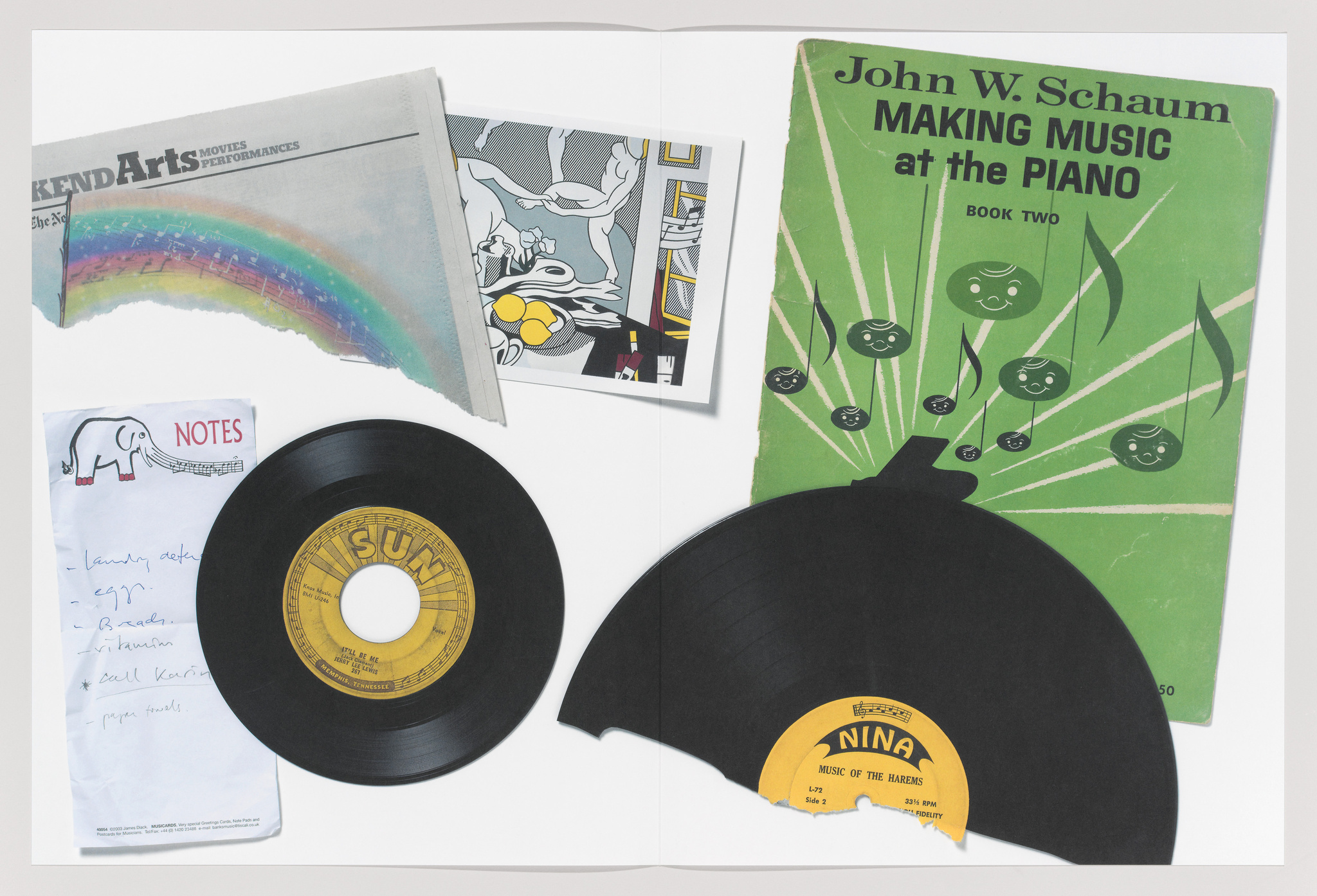 A collection of items laid out on a white surface, including a newspaper section titled "Weekend Arts," a black and white comic strip, a green music book for piano titled "John W. Schaum MAKING MUSIC at the PIANO Book Two," a handwritten note with bullet points, and two vinyl records, one intact and one broken, with labels "SUN" and "NINA."