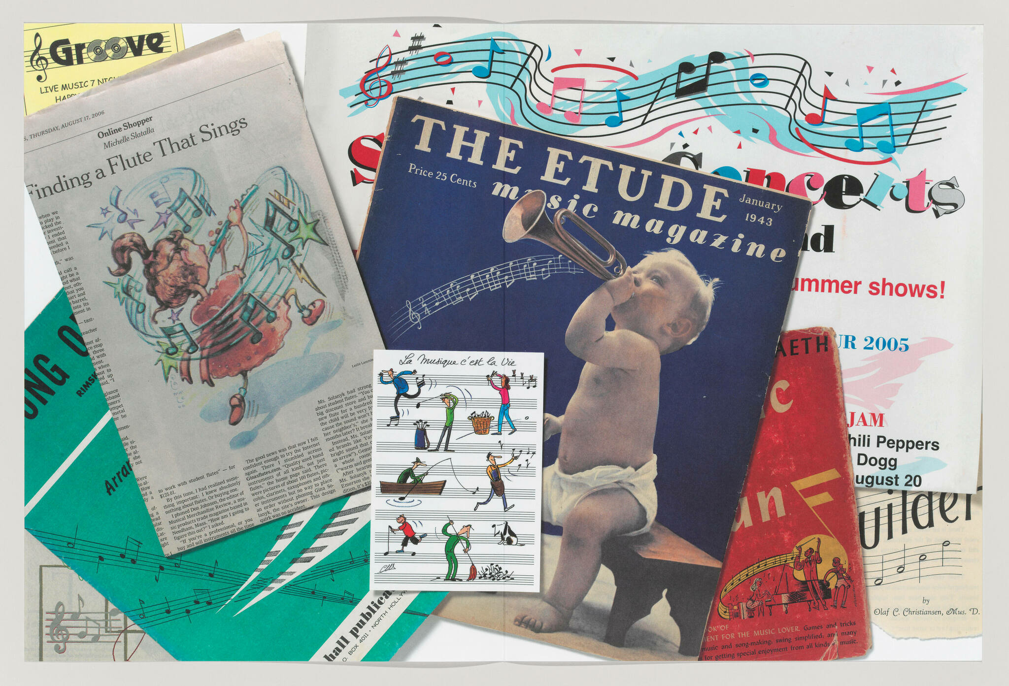 A collage of various music-themed items including magazine covers, sheet music, and a postcard. The central image is a vintage magazine titled "THE ETUDE music magazine" from January 1943, featuring a black and white photograph of a baby playing a trumpet. Surrounding this are parts of other music-related publications and a colorful illustration of a personified musical note with arms and legs playing a flute. There are also snippets of sheet music with notes and clefs visible, and a postcard depicting cartoon characters playing instruments on music staff lines. The overall theme suggests a celebration of music in different forms and eras.