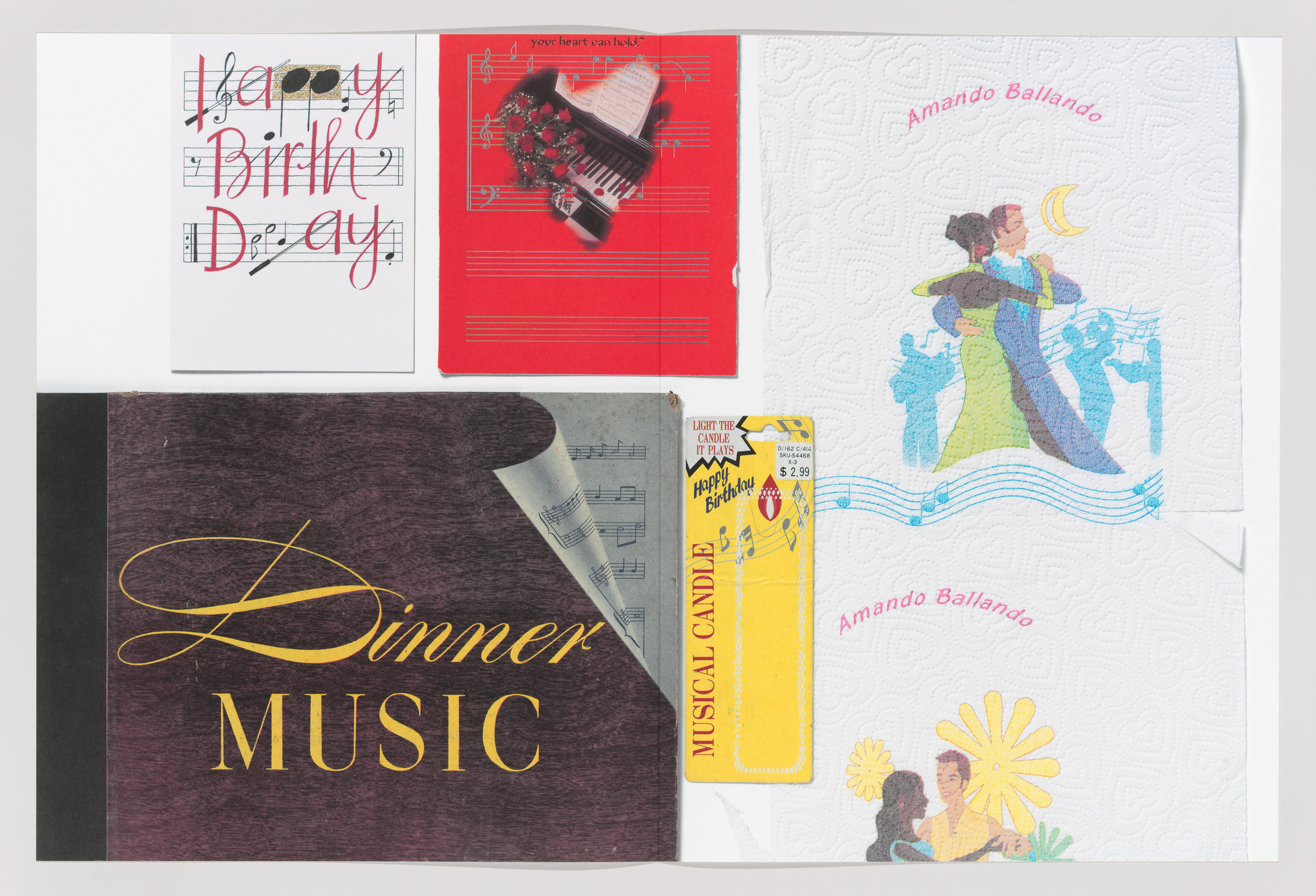 A collection of various music-themed greeting cards and a musical candle package displayed on a flat surface. The cards feature designs such as a "Happy Birthday" message with musical notes, a piano with flowers, a couple dancing with a moon and music notes in the background, and a "Dinner Music" card with a sheet music motif. A musical candle package with a price tag is also visible.