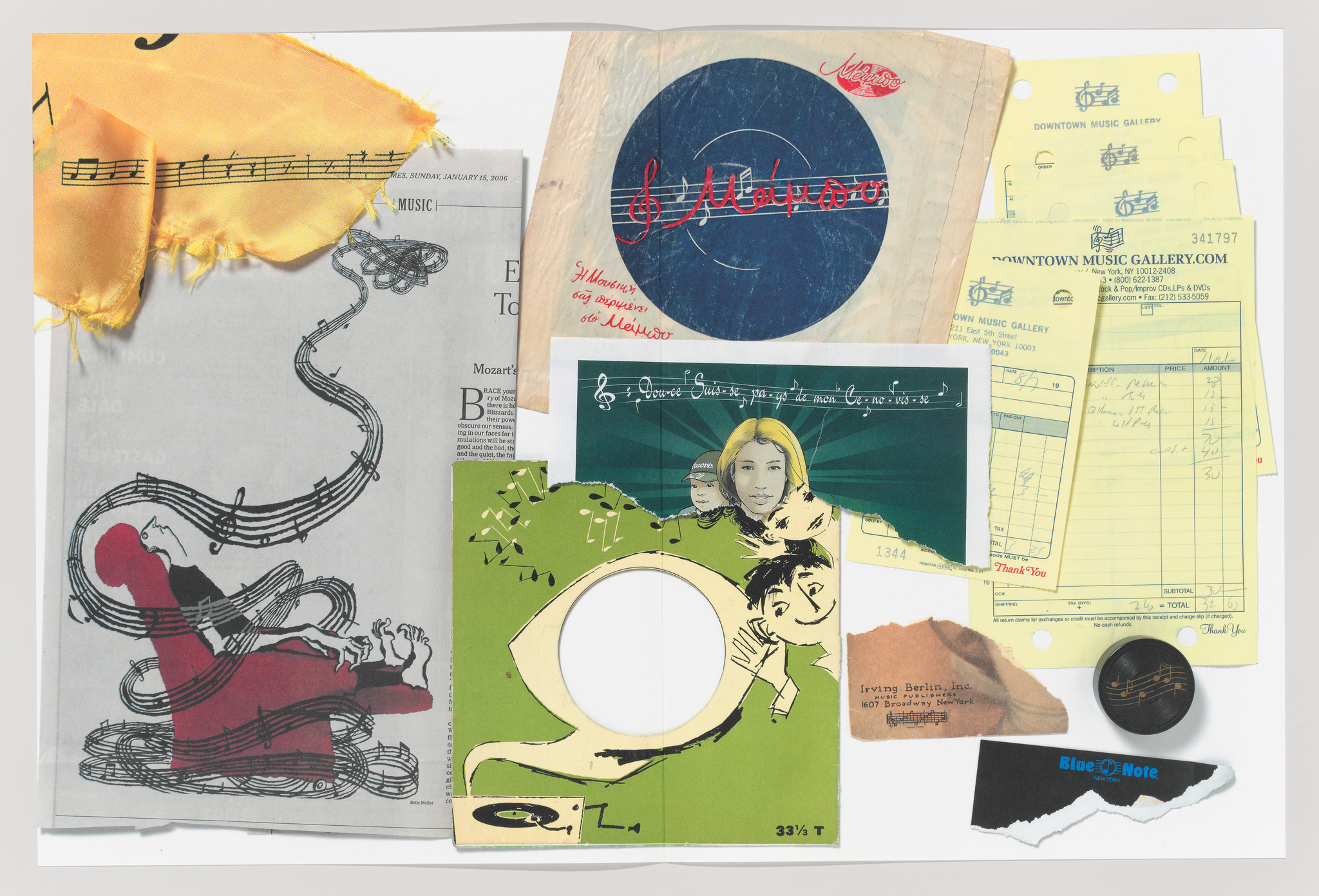 A collage of various music-related items including a torn piece of yellow fabric with musical notes, a vintage record sleeve for "Mozart," newspaper clippings about music, receipts from Downtown Music Gallery, a green record cover with a cut-out center featuring illustrations of people, a piece of brown paper with music notes, and a Blue Note record label pin.