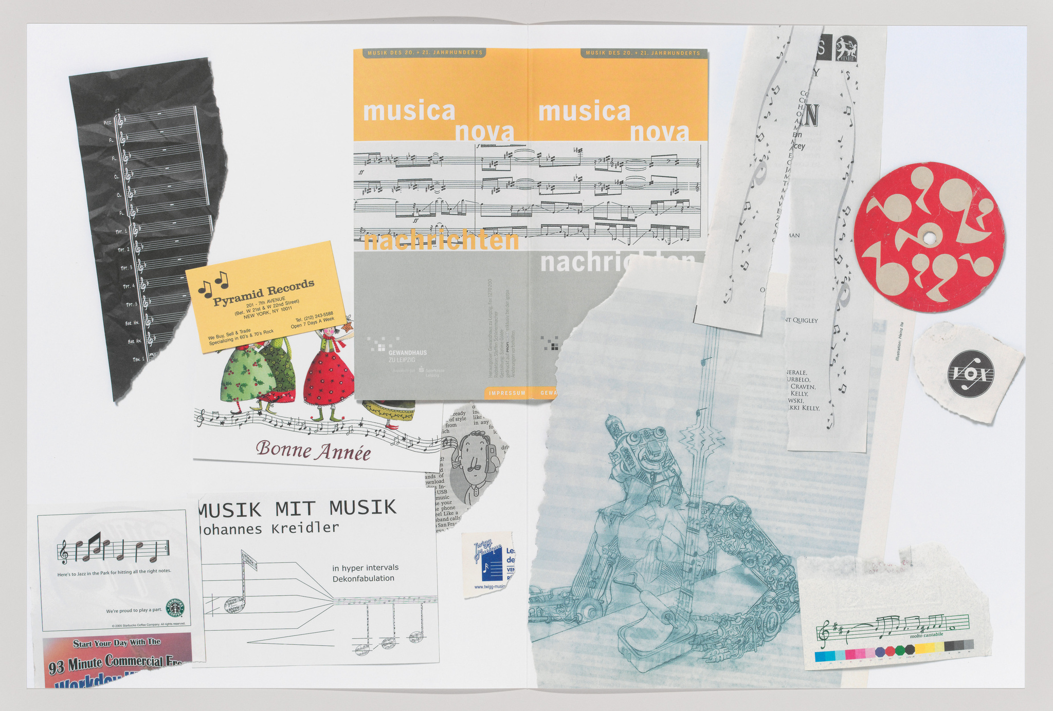 A collage of various music-related items including sheet music, concert flyers, a record label card, and a drawing of a figure playing a stringed instrument, all scattered on a white background.
