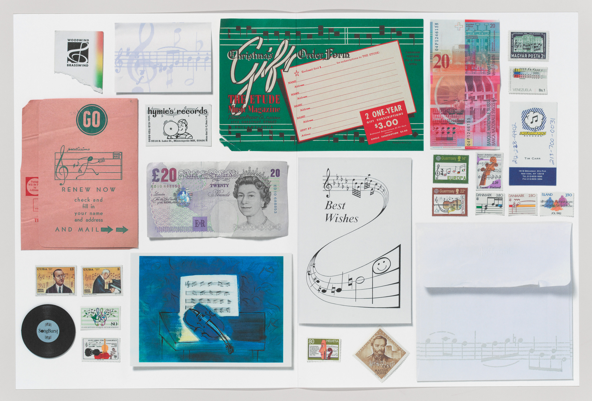 A collage of various paper items related to music and postage on a white background, including a British £20 note, music-themed greeting cards, stamps from different countries, a vinyl record, and a renewal notice for a music magazine.