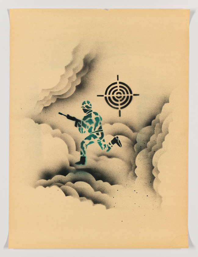 Stencil art of a camouflaged soldier running through clouds towards a target.