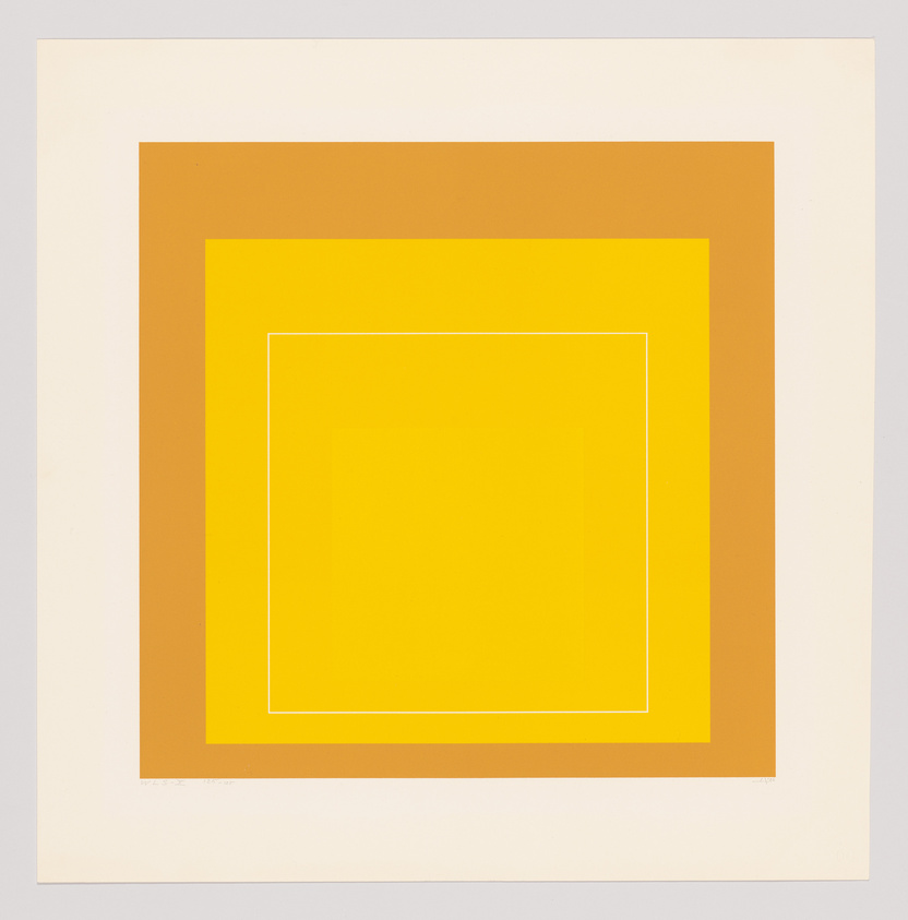 A minimalist artwork featuring a series of concentric rectangles in shades of yellow and brown, centered on a white background.