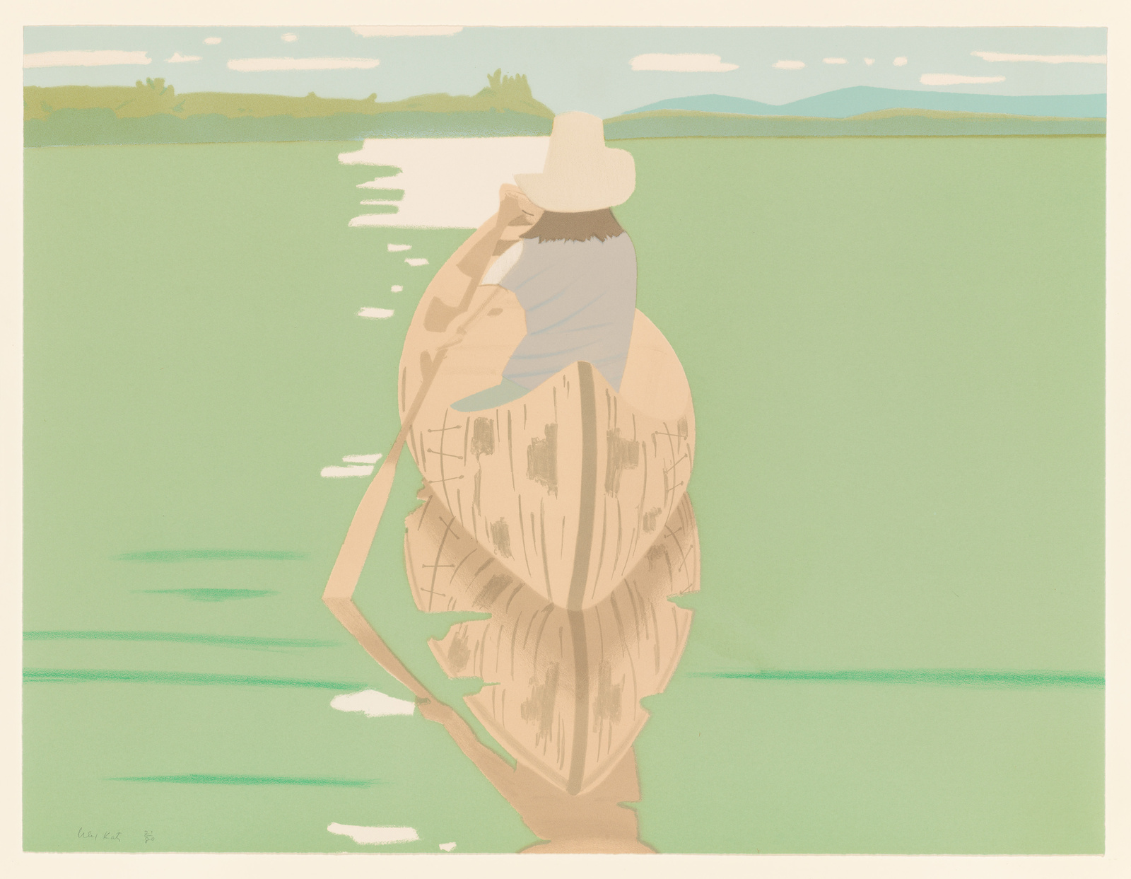 Illustration of a person in a straw hat and blue shirt paddling a wooden boat on a calm river with green banks and distant hills under a pale sky. The style is flat with minimal detail, evoking a serene, pastoral scene.