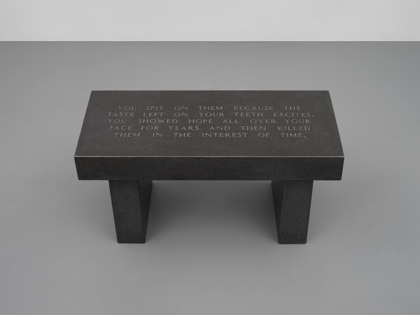 A dark stone bench with engraved text describing spitting, hope, and killing in the interest of time.