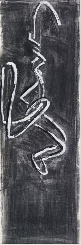 Abstract black and white drawing with bold, curving lines on a dark background.