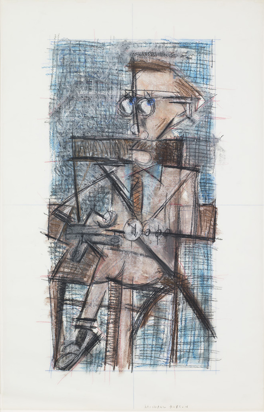 Abstract drawing of a person with glasses sitting on a chair, holding a guitar.