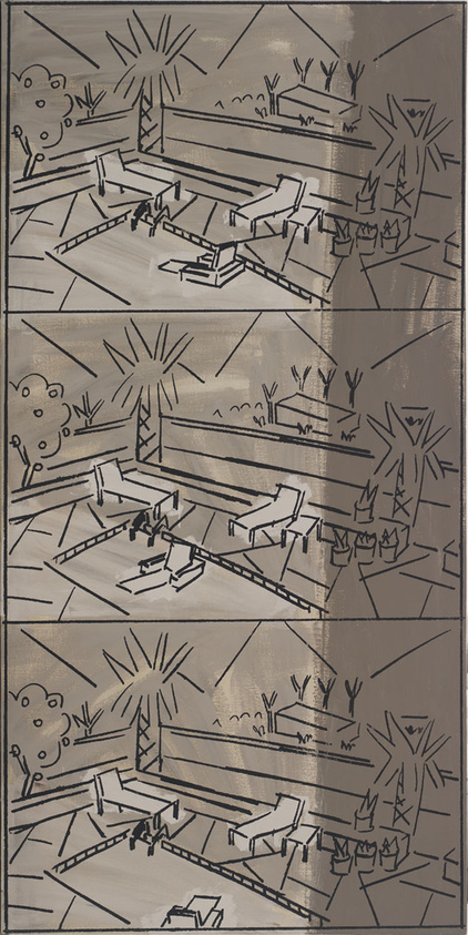 Three panels show a simple line drawing of a poolside scene with lounge chairs and palm trees.