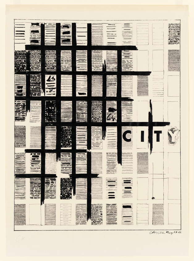 A black and white abstract artwork featuring a grid pattern with various textures in each rectangle, and the word "CITY" prominently painted in black across the center. The piece is signed and dated at the bottom.