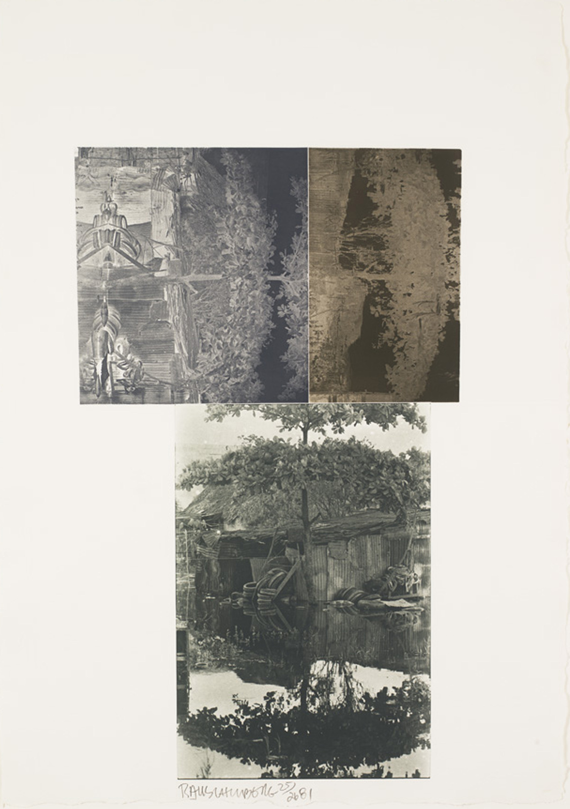 Three black and white images show a boat, trees, and a rustic house with reflections in water.