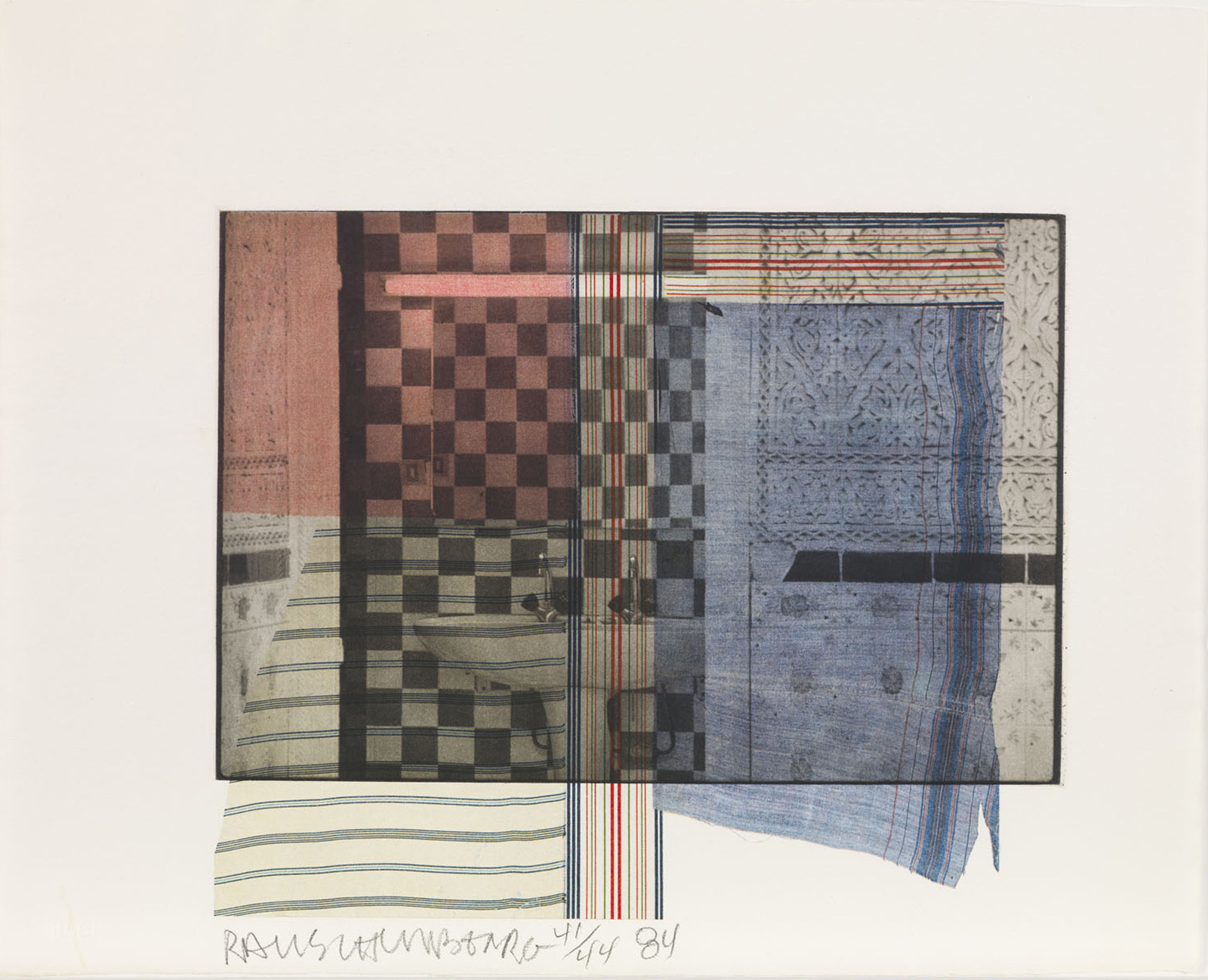 Abstract artwork with overlapping checkered patterns, stripes, and textured designs in red, blue, and beige tones.