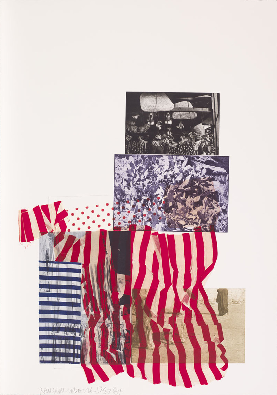 Collage with black-and-white photos, red and blue striped patterns, and polka dots on a white background.