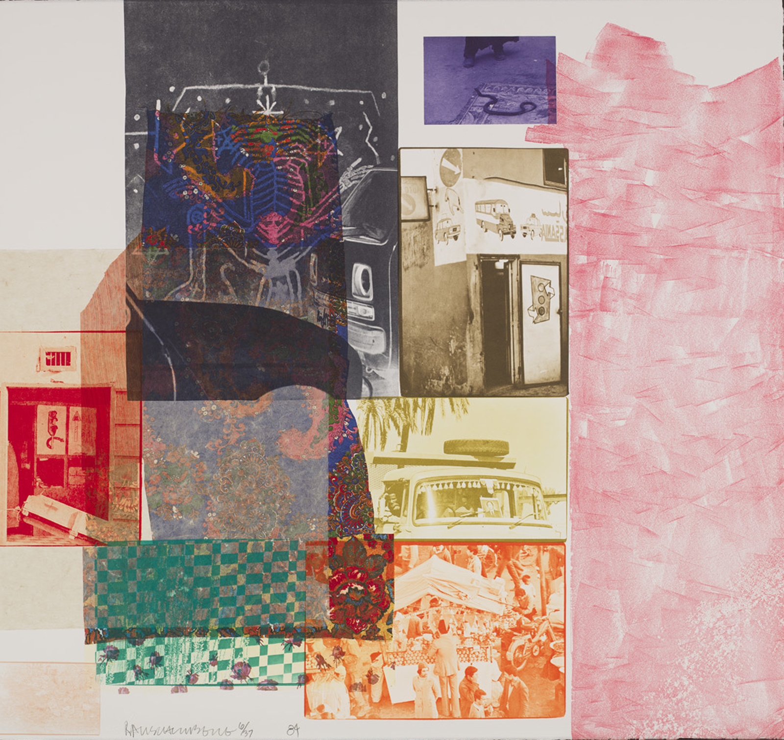 Collage with various images, including a car, a door, and a market scene, on a textured background.