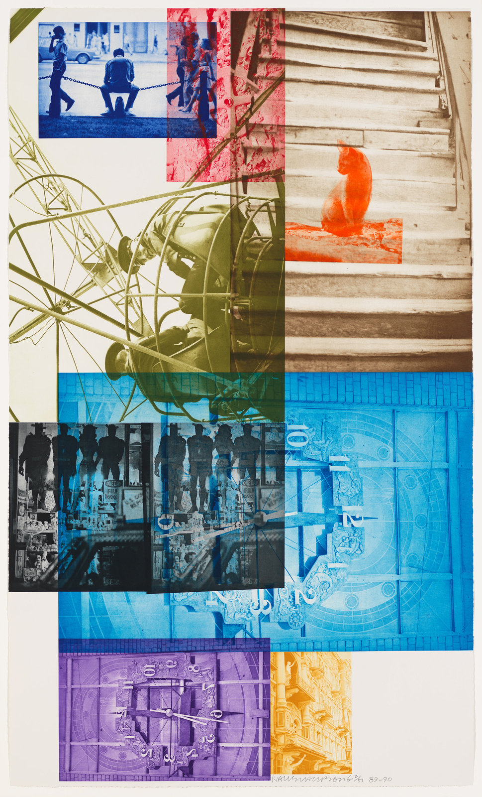 A collage of various images with different color overlays, including a blue-toned photo of people sitting behind a chain, a red-toned image of soldiers, an orange-toned image of a cat on stairs, a green-toned image of a Ferris wheel, a blue-toned architectural drawing, and a purple-toned image of a ceiling with chandeliers, among others. The images are arranged in a grid pattern with some overlapping elements, creating a visually complex composition.