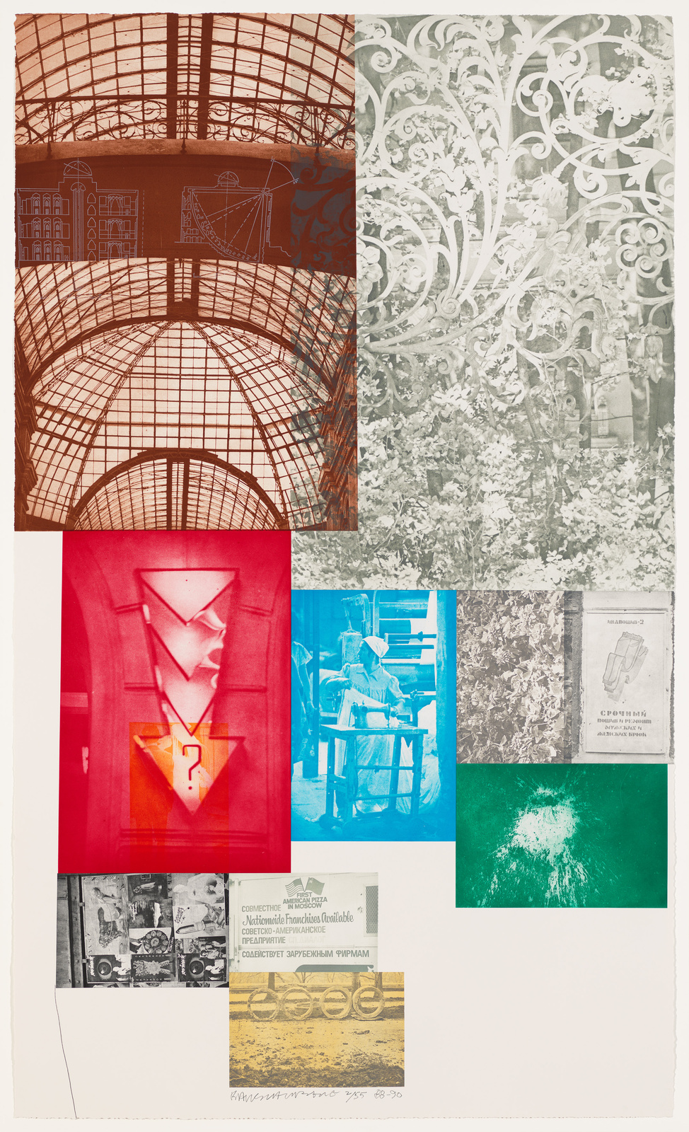 A collage of various images and textures, featuring architectural elements, ornate patterns, and abstract shapes. The top left shows a red-toned image of a grand interior with a glass ceiling, while the top right displays a grayscale floral pattern. Below, a red abstract geometric shape is juxtaposed with a blue-toned photo of a person working at a bench. The bottom section includes a montage of black and white photographs and text, with a green textured image and a yellow-toned photo with circular patterns. The artwork has a mixed media appearance and is signed at the bottom.