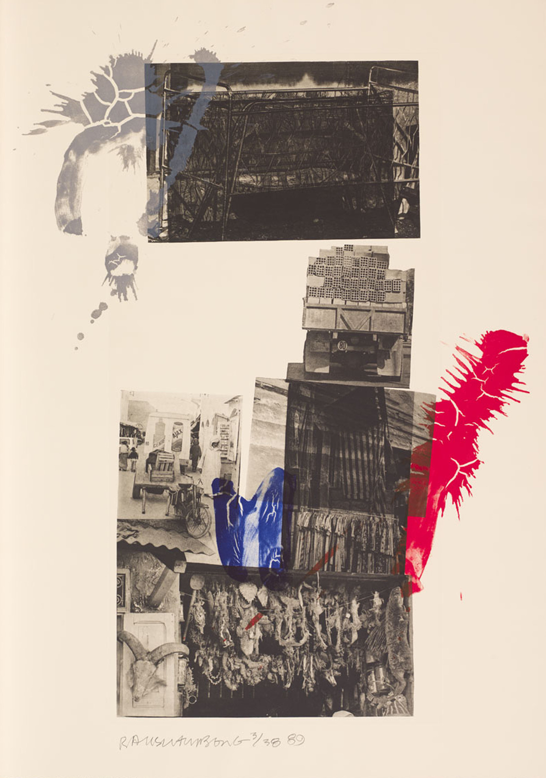 Collage of black-and-white photos with colorful paint splatters, featuring market scenes and a truck with bricks.