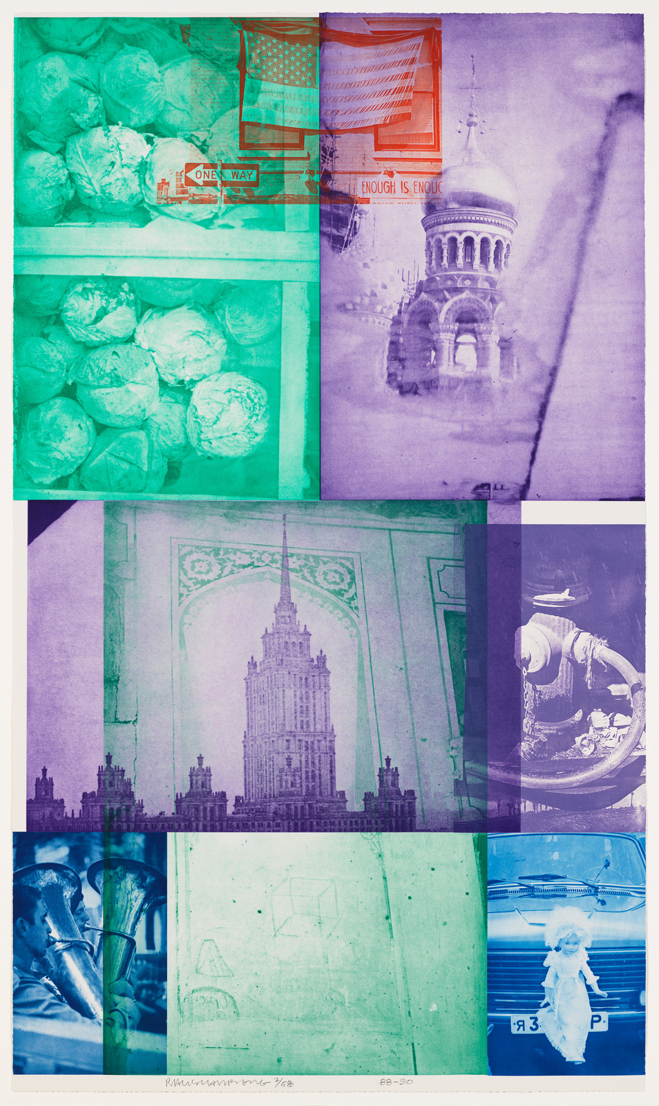 A collage of various images with a dominant blue and green color overlay. The images include a pile of garbage bags, an American flag, a street sign that reads "ONE WAY," a building with a dome, a tall building with spires, a man playing a brass instrument, geometric shapes, and a doll attached to the front of a truck. The collage has a gritty, urban aesthetic and includes the text "ENOUGH IS ENOUGH" and a signature with the date '88-90' at the bottom.