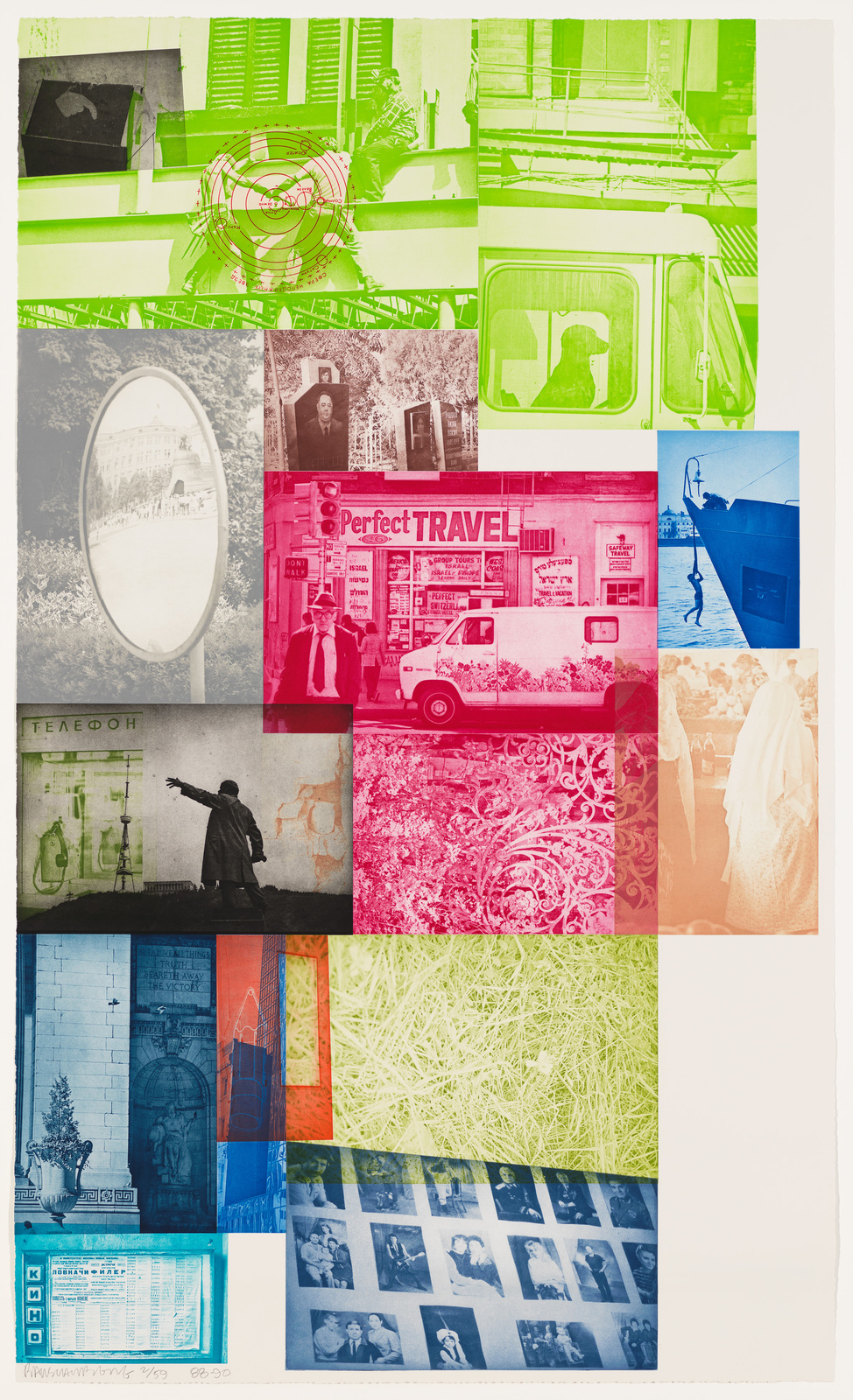 A collage of various images with different color overlays, including architectural details, urban scenes, a vintage travel agency advertisement, a silhouette of a man pointing, and a grid of black and white photographs. The images are arranged in a grid pattern with some overlapping elements, creating a patchwork of textures and hues ranging from green to blue to red.