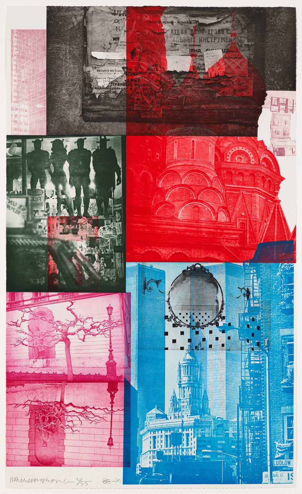 A collage of various images overlaid with monochromatic filters in pink, black, red, and blue. The top left shows architectural drawings, the top middle has torn posters, and the top right features a building facade. The center row shows silhouettes of people, a busy street scene, and a detailed architectural structure. The bottom row includes a barren tree against a building, a circular pattern with a checkerboard design, and a cityscape with construction scaffolding. The artwork has a signature and date at the bottom.