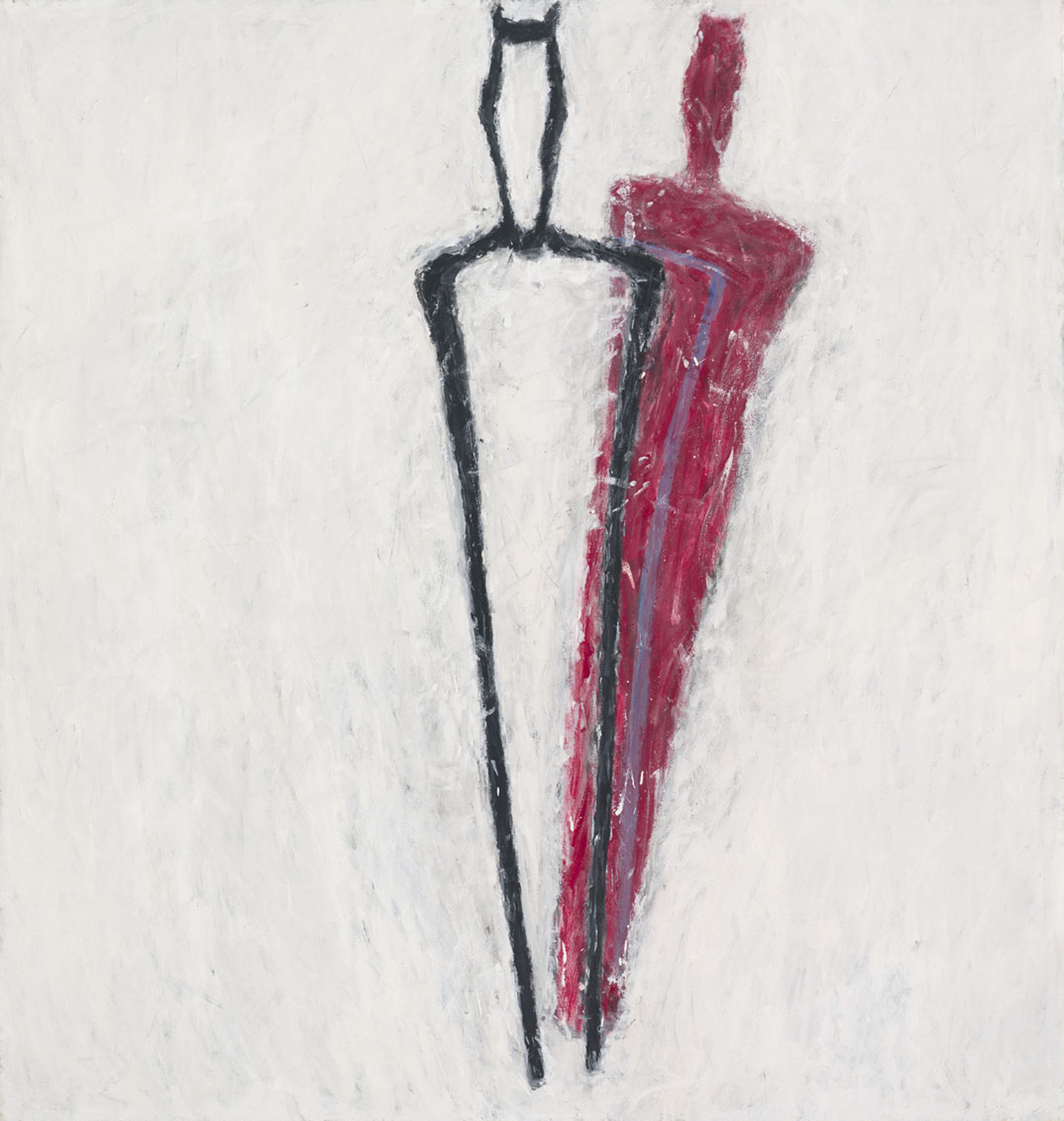Two abstract human figures, one black and one red, stand side by side on a textured background.