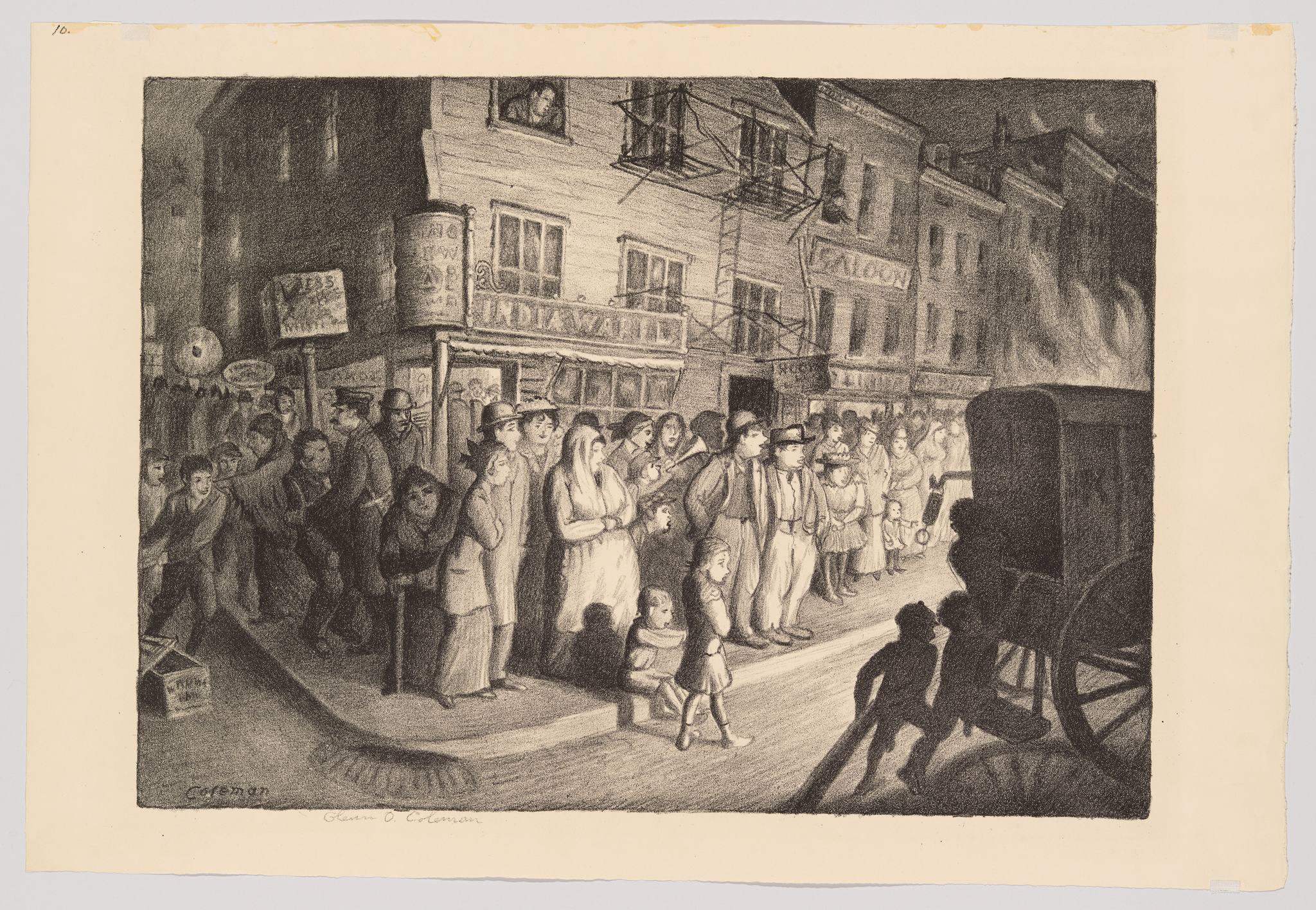 A vintage black and white illustration depicting a bustling street scene at night with a crowd of people, including men, women, and children, gathered on the sidewalk. Some individuals are looking towards the street where a horse-drawn carriage is visible. The buildings are adorned with signs, one reading "SALOON" and another "INDIA WARE," suggesting a commercial area. The artwork has a grainy texture, and the artist's signature, "Grosz O. Coudon," is visible in the lower left corner.
