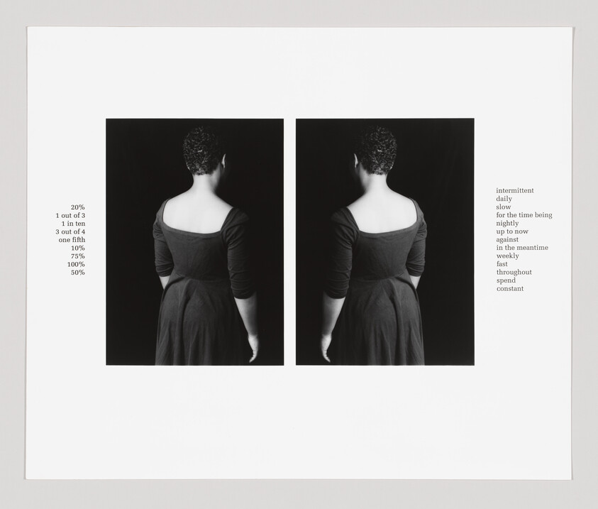 A woman in a dark dress stands with her back to the camera, shown twice; numbers and words are listed beside her.