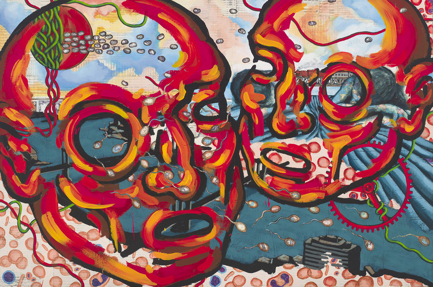 Two abstract, colorful faces with swirling patterns and a background of various shapes and objects.