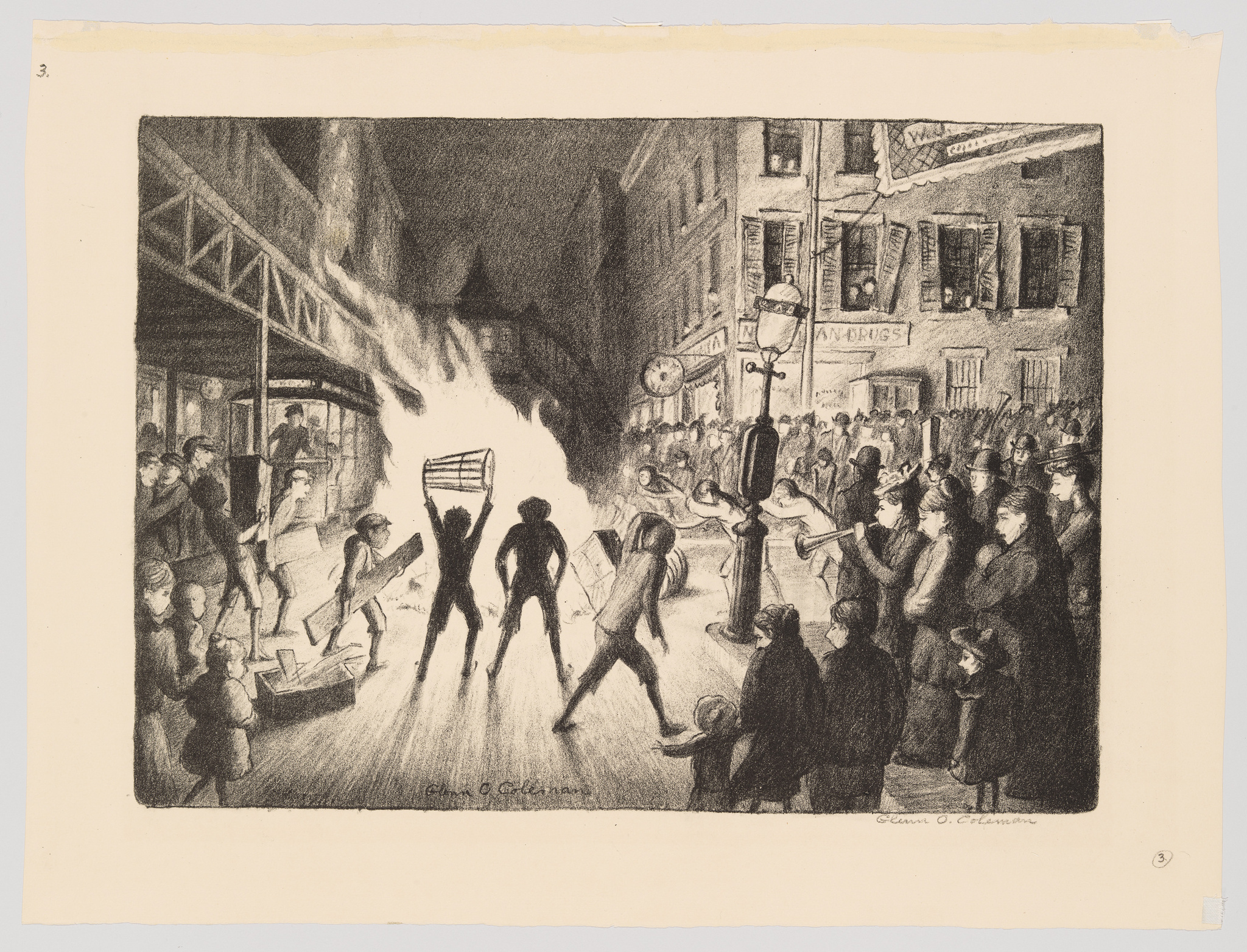 A black and white illustration depicting a chaotic street scene with a crowd of people and a fire blazing under an elevated train track. Some individuals are carrying ladders and running towards the fire, while others are observing from a distance. The scene is set against the backdrop of urban buildings with visible signage, including one that reads "DRUGS." The artwork is signed by the artist in the lower corners.