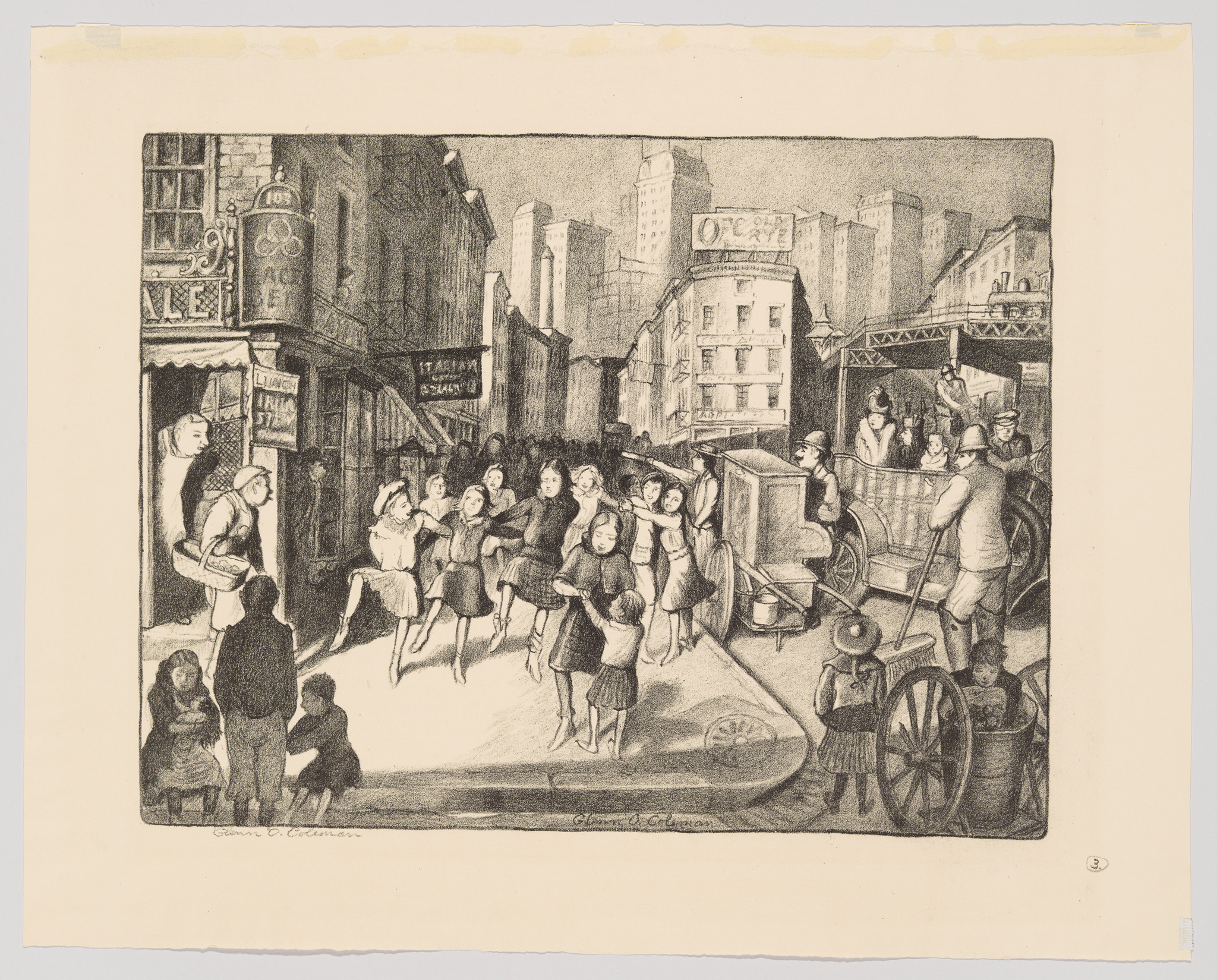 A vintage black and white illustration depicting a bustling street scene with various people engaged in daily activities. On the left, a group of children and adults are gathered outside a shop with a sign that reads "ALE." In the center, more individuals are seen walking or conversing, with a focus on a group of girls in dresses. To the right, a horse-drawn cart is being loaded or unloaded by men, while an elevated train track with a train car is visible in the background above the city buildings. The artwork conveys a lively urban atmosphere from a bygone era.