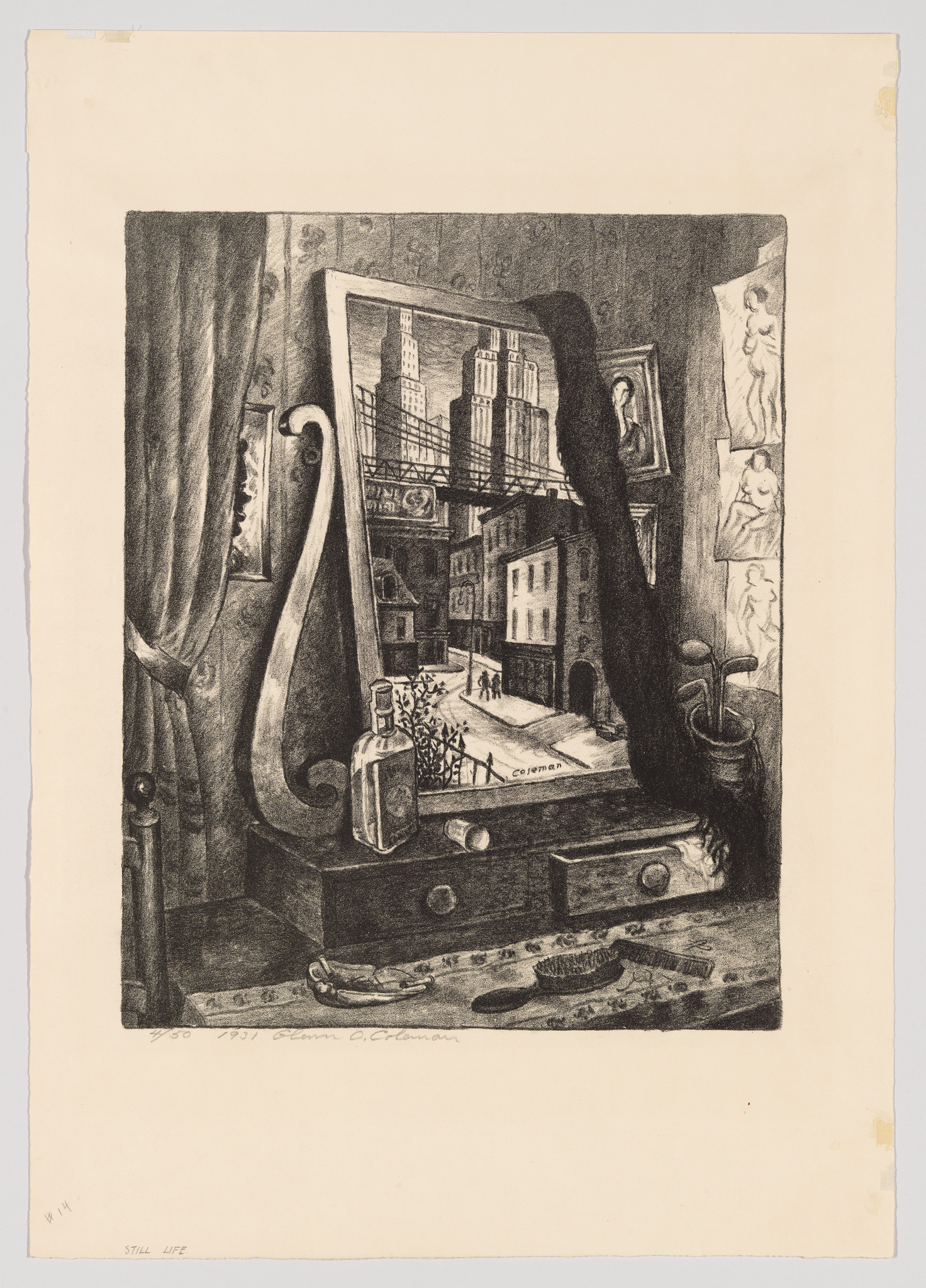 A detailed etching depicting a surreal interior scene with a large mirror reflecting an urban landscape. On the dresser in front of the mirror, there are various objects including a bottle, a shaving brush, and a banana peel. The walls are adorned with framed artworks, and a heavy curtain is partially drawn to the side. The artist's signature is visible on the reflected streetscape in the mirror.