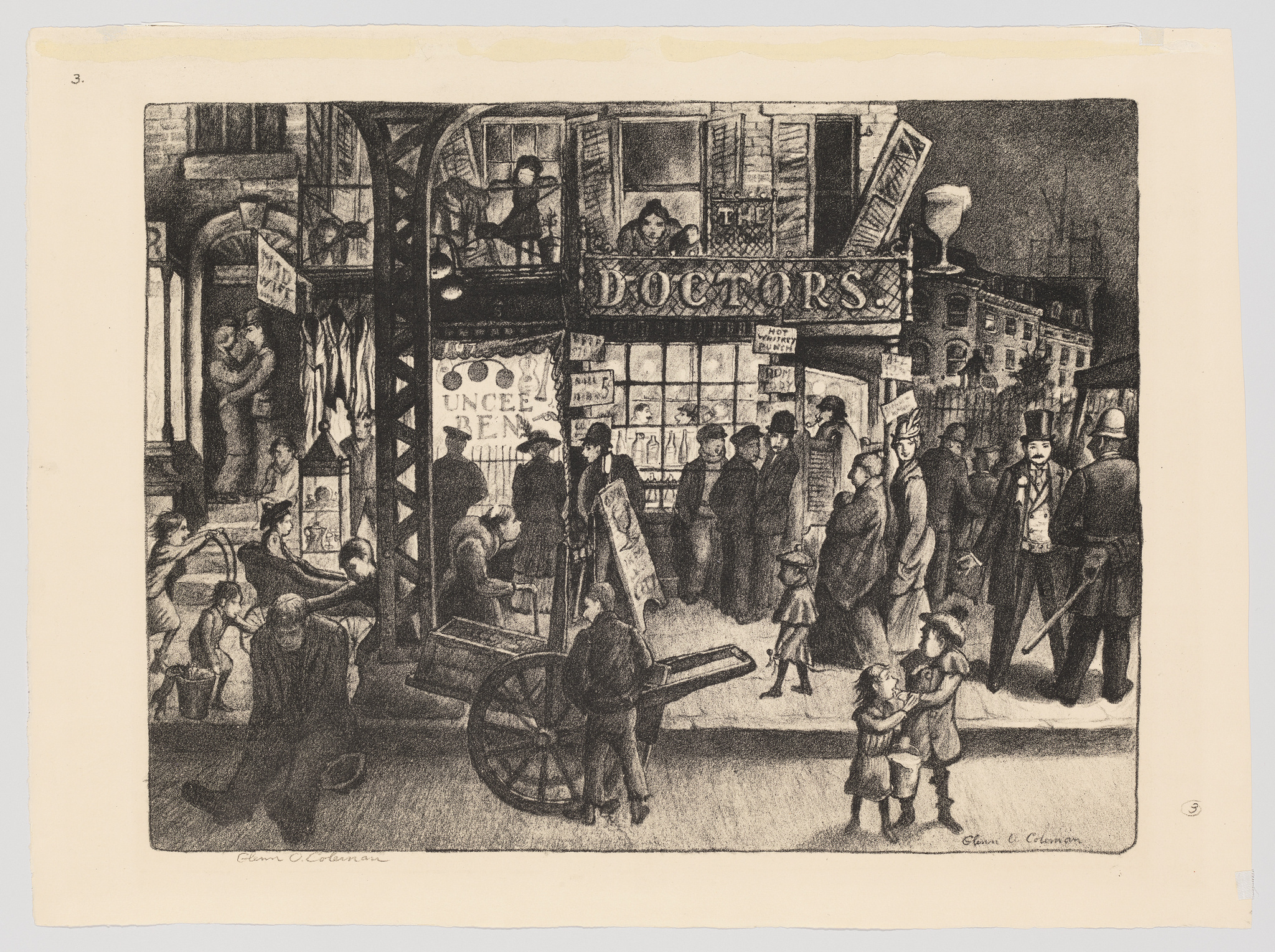 Detailed black and white etching depicting a bustling street scene with various activities: people walking, talking, and shopping. A prominent sign reads "THE DOCTORS" above a storefront. Advertisements for "UNCLE BEN'S" and other products are visible. A horse-drawn cart is in the foreground, and children are playing nearby. The artwork is signed by "Glenn O. Coleman" in the lower left corner.