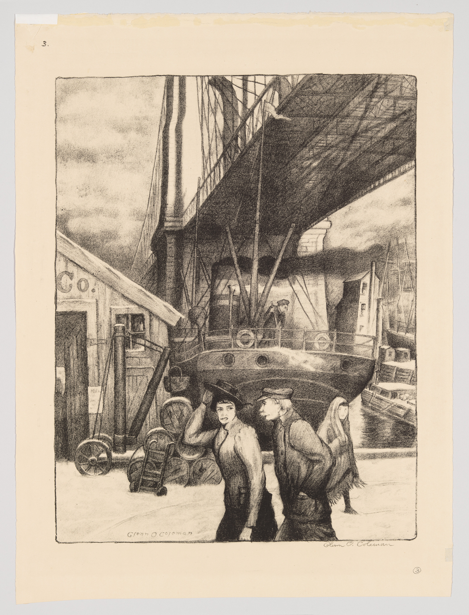 A vintage etching depicting a bustling dock scene with a large ship moored to the right, its bow and anchor visible. In the foreground, three individuals, possibly workers or passengers, are walking towards the left, with a man in a cap and two women wearing scarves and long coats. The background features industrial elements like cranes, warehouses with signage, and additional ships, creating a sense of early 20th-century port activity. The artist's signature, "Glenn O. Coleman," is inscribed in the lower left corner.