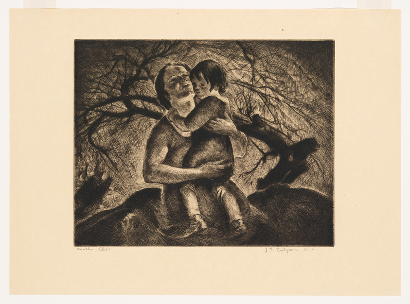 A detailed etching of a mother embracing her child, with both figures seated and a backdrop of tangled tree branches. The mother looks affectionately at the child, who is nestled close to her chest. The artwork conveys a sense of warmth and protection. There are signatures and inscriptions at the bottom of the print.
