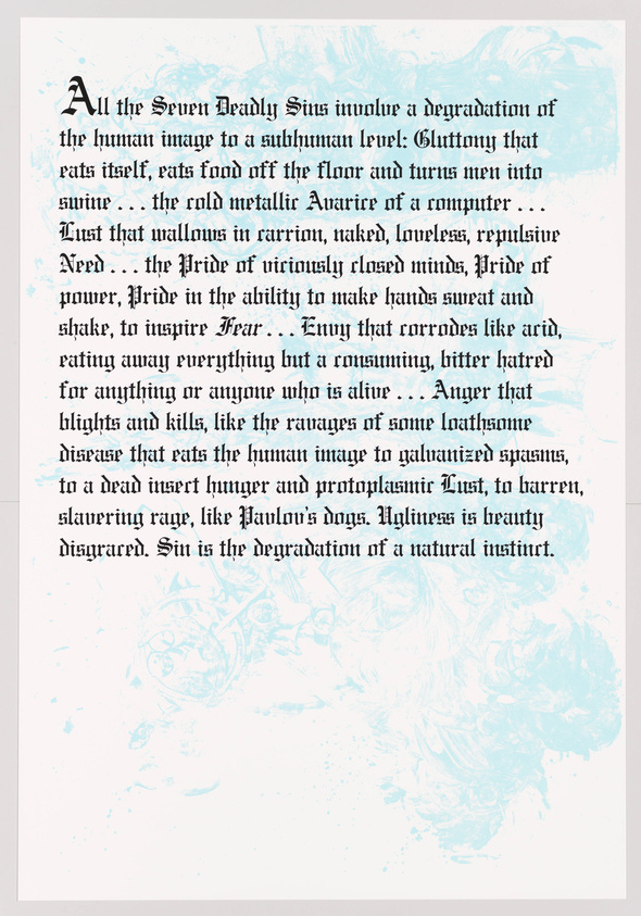 An image of a page with text discussing the Seven Deadly Sins, with the text appearing to be typewritten in black ink on a white background. The page has a large, decorative initial "A" at the beginning of the text. There are faint blue watercolor-like designs at the bottom of the page, which do not obscure the text.