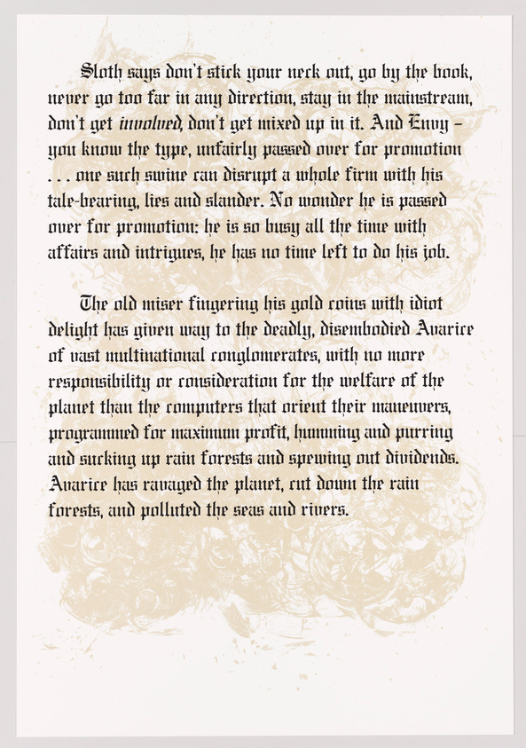 An image of a page with text that appears to be from a book or manuscript, featuring a traditional serif font. The text is written in English with a narrative style, discussing themes of sloth, corporate greed, and environmental degradation. The background of the page has a faded, ornate design that is most prominent at the bottom. The text and the design give the impression of an old, possibly historical document.