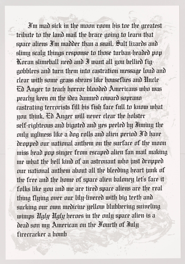 A close-up of a printed page with distorted and nonsensical text, featuring a variety of fonts and sizes, giving the impression of a corrupted or glitched document. The text is unreadable and seems to be randomly generated, with some words resembling English while others are completely fabricated. The background of the paper has a textured appearance, adding to the overall chaotic and disorganized aesthetic of the image.