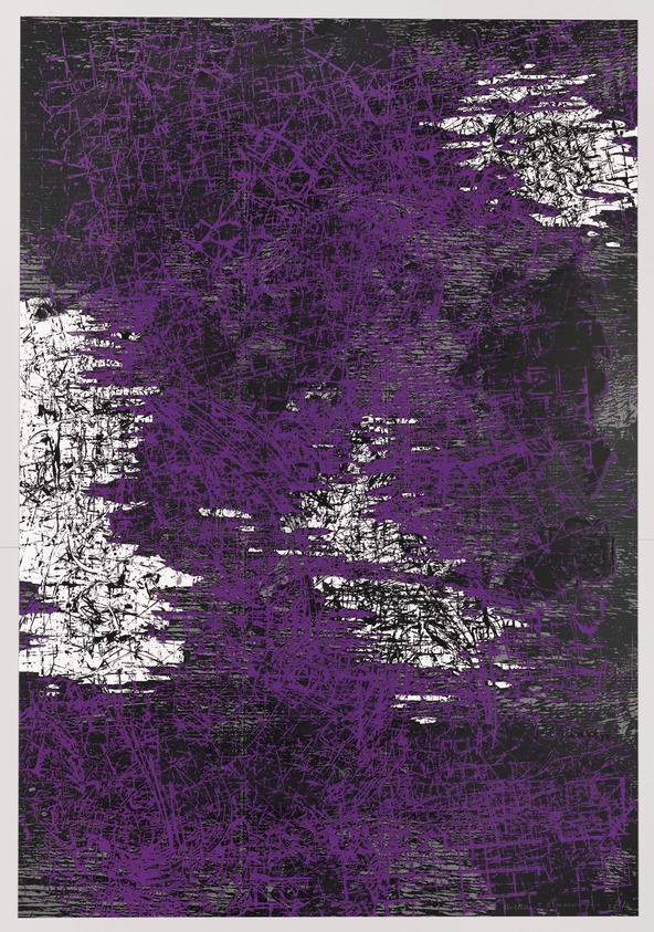 Abstract artwork with a chaotic overlay of purple lines and scratches on a dark background, creating a textured appearance with some areas of white showing through.