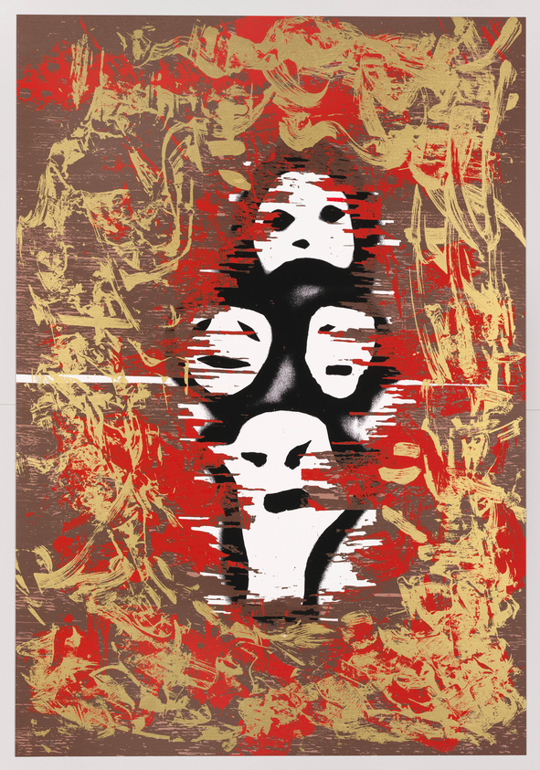 Abstract artwork featuring a central skull-like figure in black and white, surrounded by chaotic red and gold brush strokes on a textured brown background.