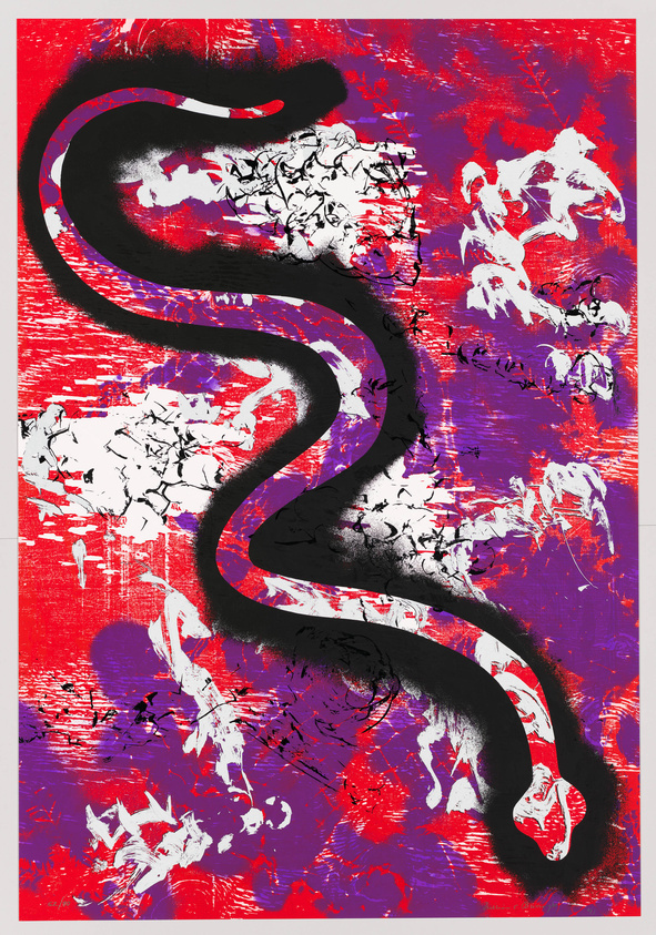 A vibrant abstract artwork featuring a bold black serpentine shape that meanders vertically down the canvas, set against a textured background of vivid reds and purples with splashes of white. The background also contains scattered, ghostly impressions of skeletal figures and horses, creating a dynamic and somewhat chaotic visual effect.