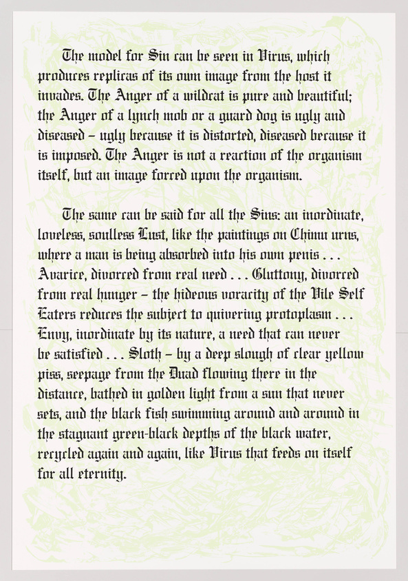 An image of a page with text discussing the concept of sin and its various manifestations, such as anger, lust, gluttony, envy, and sloth, with a philosophical tone and references to classical imagery. The background of the page has a subtle green marbled pattern.
