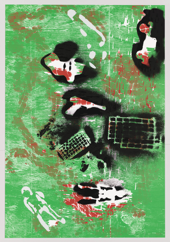 A digital artwork featuring an abstract rendition of a face with distorted features in black, white, and red on a textured green background. The image has a graffiti-like, urban aesthetic with elements that appear to be smeared or sprayed on.