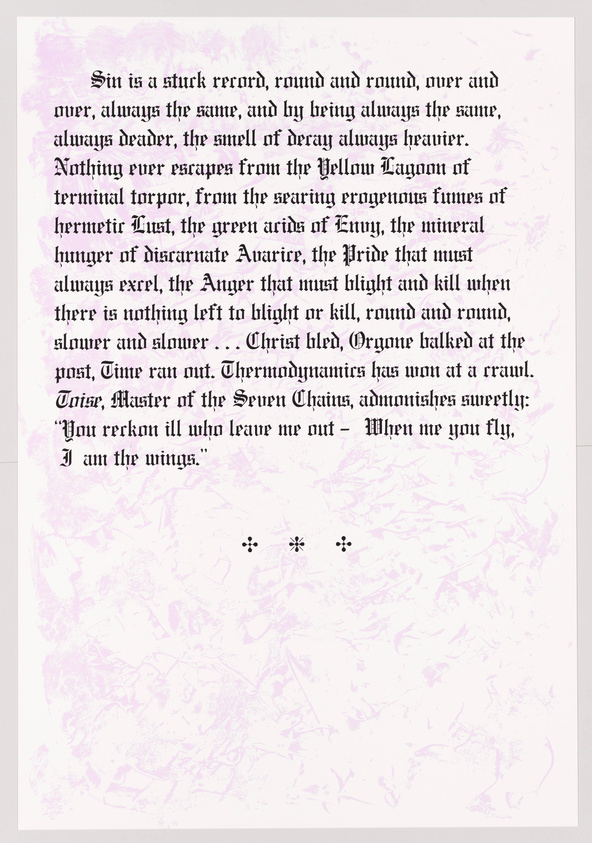 A faded image of a text passage with a purple tint, featuring a mix of legible and distorted English words, creating an eerie or mysterious atmosphere. Decorative symbols separate sections of the text, and the background has a subtle, chaotic pattern that resembles intertwined branches or veins.