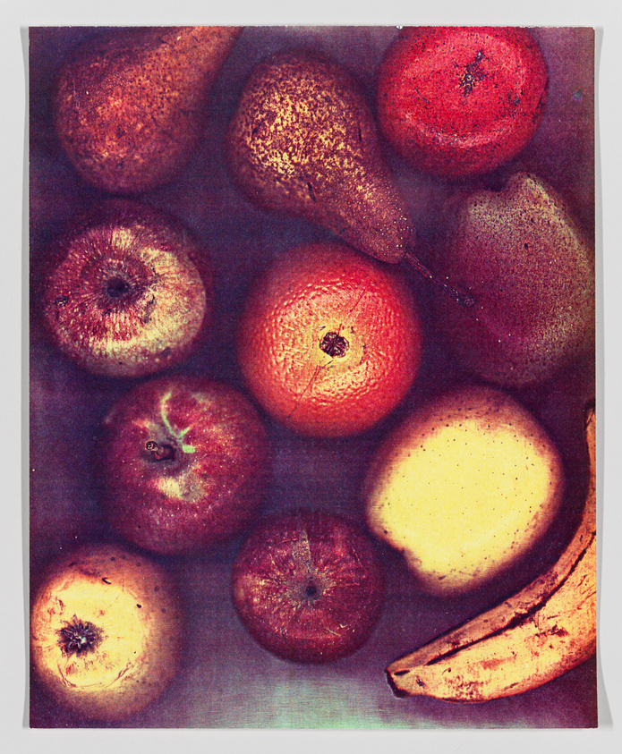 Vintage-style painting of assorted fruits with a textured appearance, including apples, a pear, and a banana.