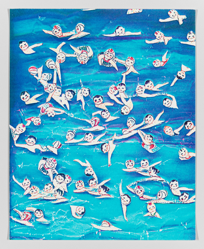Illustration of numerous stylized swimmers in a blue pool, with a vintage, textured appearance.