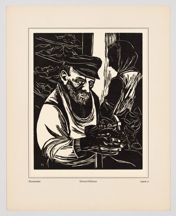A black and white print depicting a shoemaker at work, focused intently on a shoe he holds in his hands. The man wears a cap and has a beard, with a window in the background revealing another figure. The artwork is by Edward Millman, titled "Shoemaker," and includes text at the bottom identifying the title and artist.