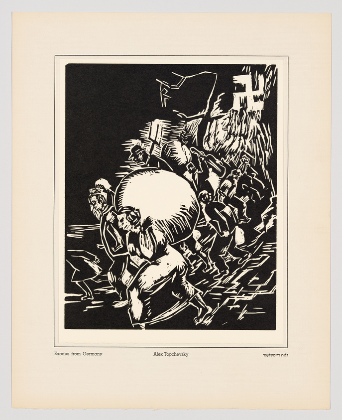 Black and white print depicting a group of people in a chaotic exodus, carrying belongings, with "Exodus from Germany" text below.